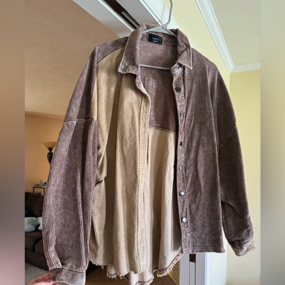 Vici Tops - Vici Two-Tone Corduroy Jacket in Brown and Tan
